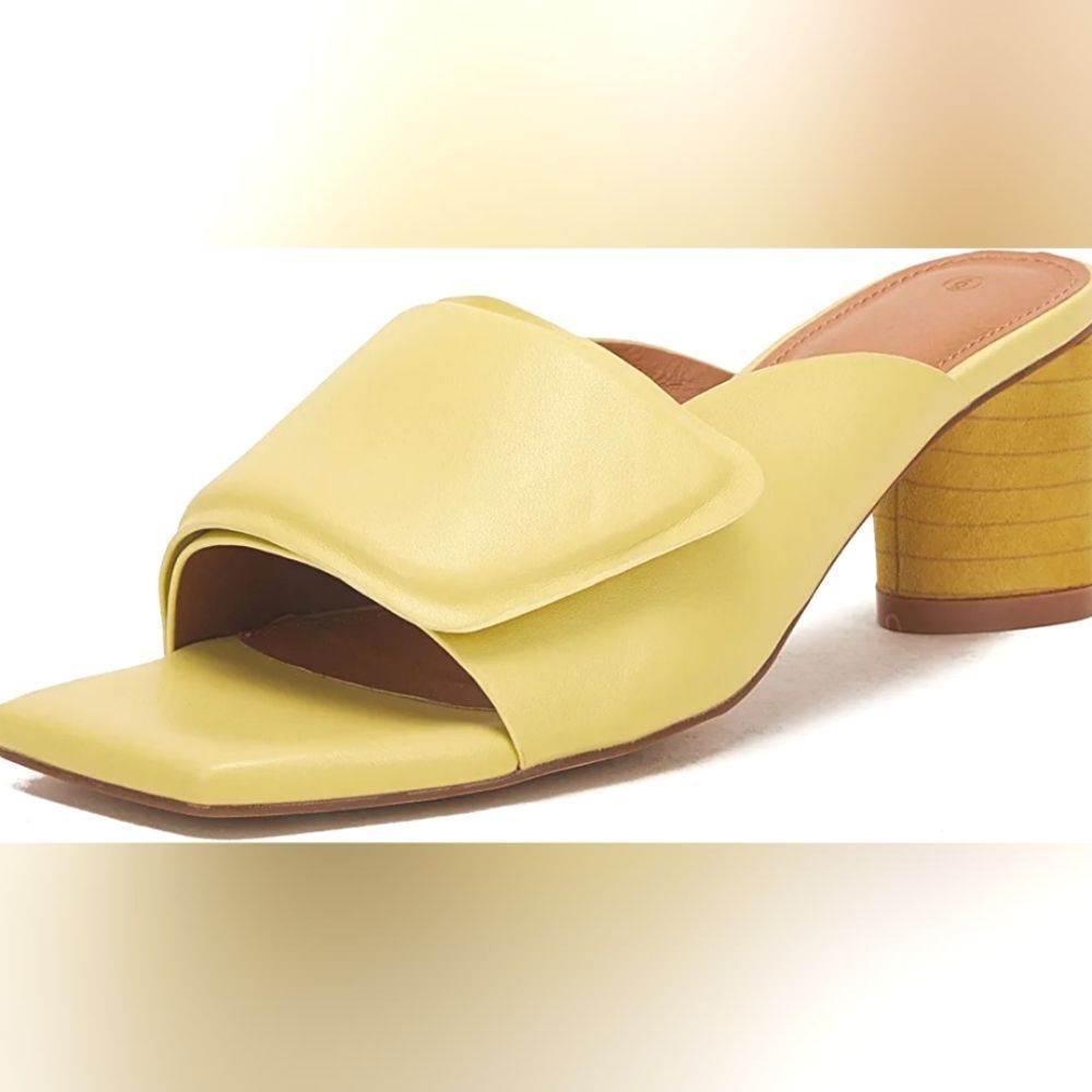 Women's Yellow Leather Open-Toe Block Heel Mule
